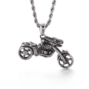 Punk stainless steel motorcycle necklace with dragon head pendant on a rope chain