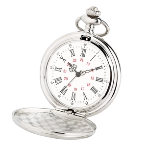 Macro detail of silver pocket watch with Roman numerals and flip-open metal case