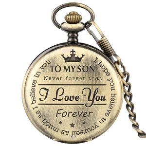 Detailed view of bronze pocket watch engraved with TO MY SON I Love You message