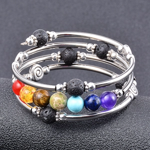 Handmade multilayer chakra stone wrap bracelet with volcanic lava beads and silver alloy