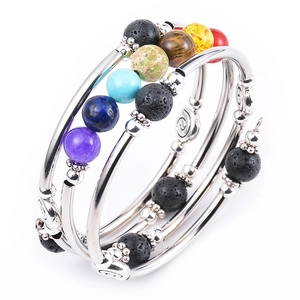 Multilayer spiral chakra bracelet with colorful natural stones and silver copper tubes