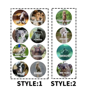 Various animal reward stickers with English praise text for kids on white background
