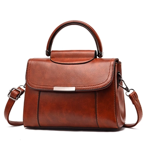 Classic brown vintage PU leather handbag with top handle and detachable shoulder strap