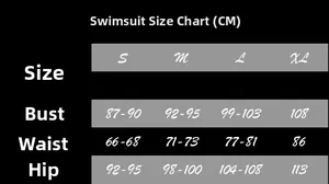 Detailed women's swimwear size chart with bust, waist, and hip measurements in cm
