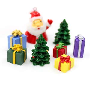Miniature resin Santa Claus with Christmas trees and colorful gift boxes set