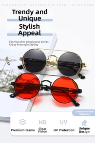 Detail of steampunk sunglasses featuring gold and black metal frames with HD UV protection