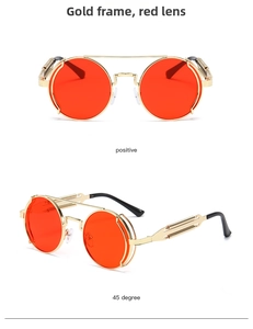 Detailed views of steampunk metal sunglasses with double spring legs and red round lenses