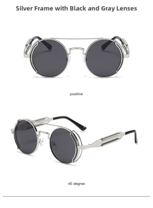 Steampunk round sunglasses with silver metal frame and double bridge in two views