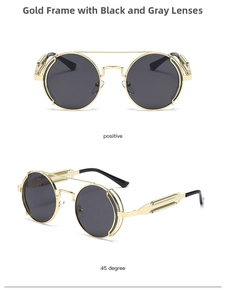 Steampunk round sunglasses with gold metal frame and dual spring temples detail