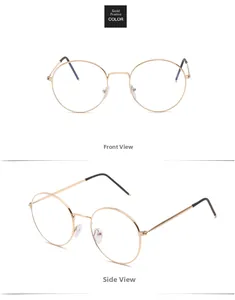 Front and side views of gold round metal frame glasses with blue light blocking lenses
