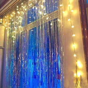 Detail of warm white LED string lights hanging over a decorative metallic foil fringe curtain