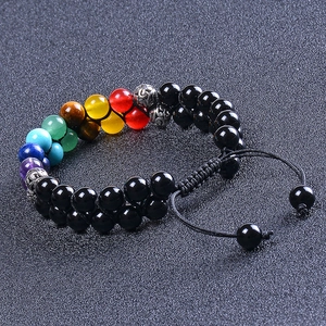 Adjustable double-layer 7 chakra beaded bracelet with volcanic lava stones and metal spacers