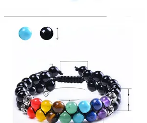 Detail view of double-layer chakra bead bracelet with 8mm lava stones and adjustable cord
