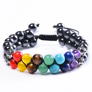Close-up of double-layer Seven Chakra beads with adjustable woven cord and lava stones