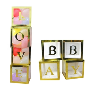 Transparent party balloon boxes with gold metallic frames for baby shower and wedding decor
