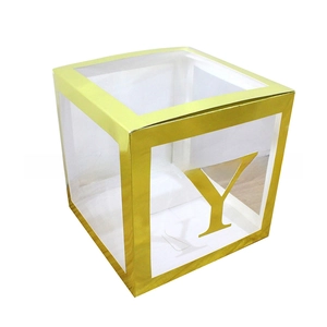 Transparent cube gift box with golden frame and letter Y for wedding party decor