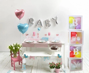 Baby shower party decoration set with balloon boxes and heart-shaped foil balloons