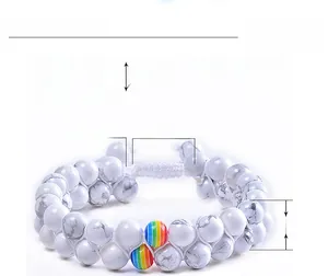 Macro detail of howlite beads and rainbow stones on adjustable double-layer bracelet