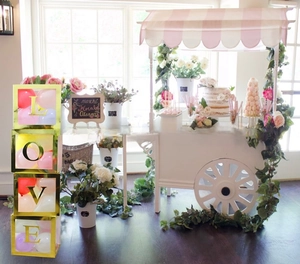 Stack of 4 transparent LOVE balloon boxes with gold trim for wedding party decor