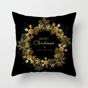 Housse de coussin Noël noir avec couronne de flocons dorés et texte Merry Christmas