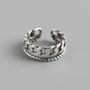 Vintage Double Layer Chain Ring With 925 Sterling Silver Adjustable Open Rope Twist Design For Women Chic Style
