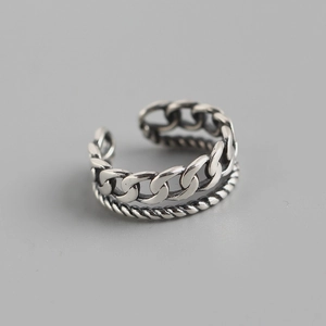 Double layered S925 sterling silver ring with cuban chain and twisted rope design