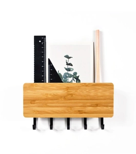 Bamboo wood wall organizer with five black metal hooks for keys and mail storage
