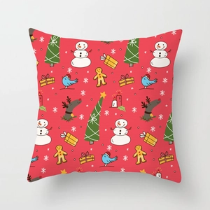 Red Christmas pillow case with festive snowman, gingerbread man and holiday illustrations