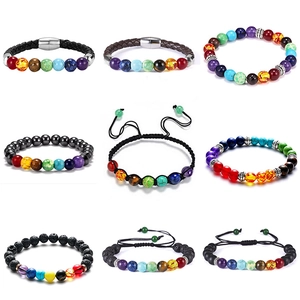 7 Chakra Natural Stone Lava Rock Braided Rope Bracelet Healing Reiki Energy Adjustable Handmade Jewelry Unisex Rainbow