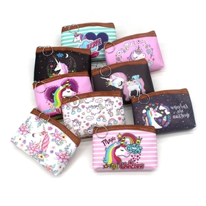 Cute cartoon unicorn coin purses with zipper and metal keychain in assorted designs