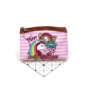 Detail of pink striped unicorn coin purse with rainbow print and silver zipper ring