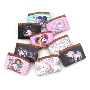 Detailed grid of cartoon unicorn coin purses with zipper and metal key ring hooks