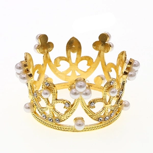 Golden alloy cake crown topper with white pearls and sparkling crystals for party decoration