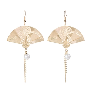 925 silver retro folding fan earrings with pearls and elegant gold tassel accents
