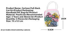 Detailed view of 6-piece mini cartoon inertia toy car set in a clear PVC carry bag