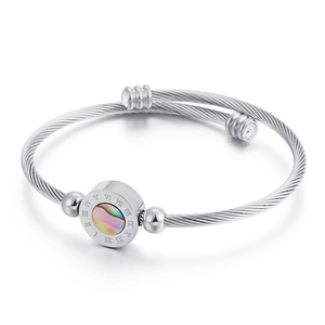 Silver stainless steel cable wire cuff bracelet with abalone shell and Roman numerals
