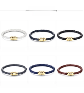 Braided leather bracelets in six colors with gold magnetic clasps on white background