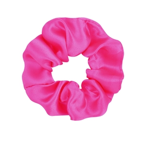 Vibrant hot pink satin scrunchie hair tie with silky texture and elegant fabric folds