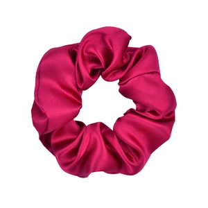 Glossy rose red satin scrunchie with soft fabric pleats for elegant women hairstyles