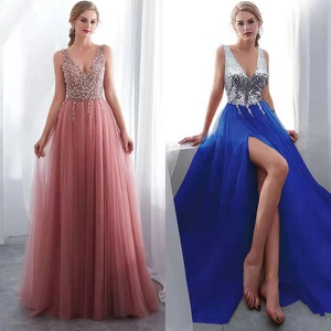 Elegant Deep V-Neck Sleeveless Sequin Slit Evening Dress Sexy Polyester Mesh Maxi Gown For Women Banquet Party Wedding
