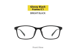 Front view of bright black TR90 square glasses frames with screwless hinge design