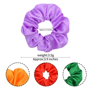 Elastic satin scrunchies set in purple and vibrant colors with 3.9-inch outer diameter