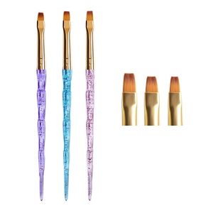 Nail art brush set with 3 pieces featuring colorful glitter acrylic handles and flat tips