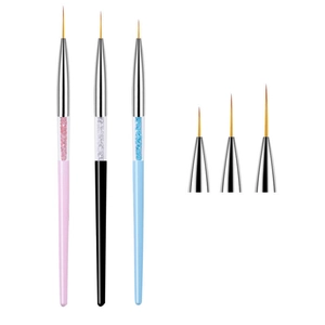 Three professional nail art liner brushes with sparkling rhinestones in pink black and blue