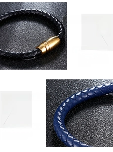 Dettaglio di bracciali in pelle intrecciata nera e blu con fibbie magnetiche dorate