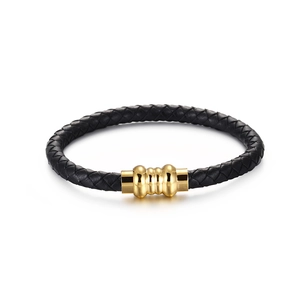 Men's braided black leather bracelet with a polished gold stainless steel clasp