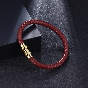 Men's dark red woven leather bracelet with polished gold magnetic clasp and gift box