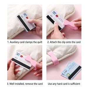 Pink bow-shaped quilt clips set with four-step installation guide for bedding