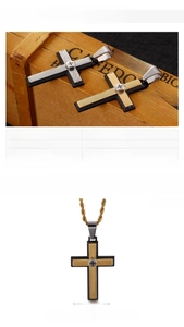 Detailed view of two-tone stainless steel cross pendant with size specs and dimensions