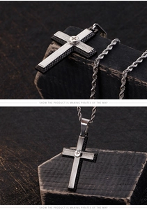 Close-up of double-layered stainless steel cross pendant with a classic rope chain